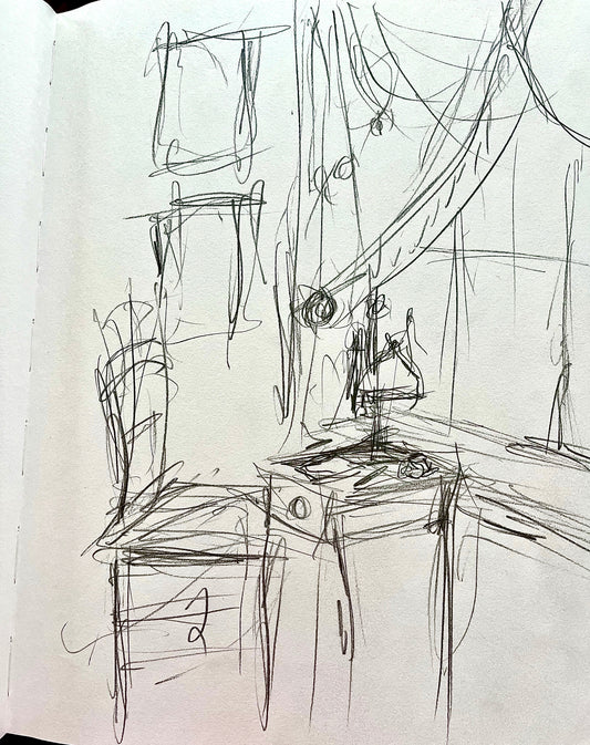 A sketch of Emily Dickinson's desk where she wrote her letters